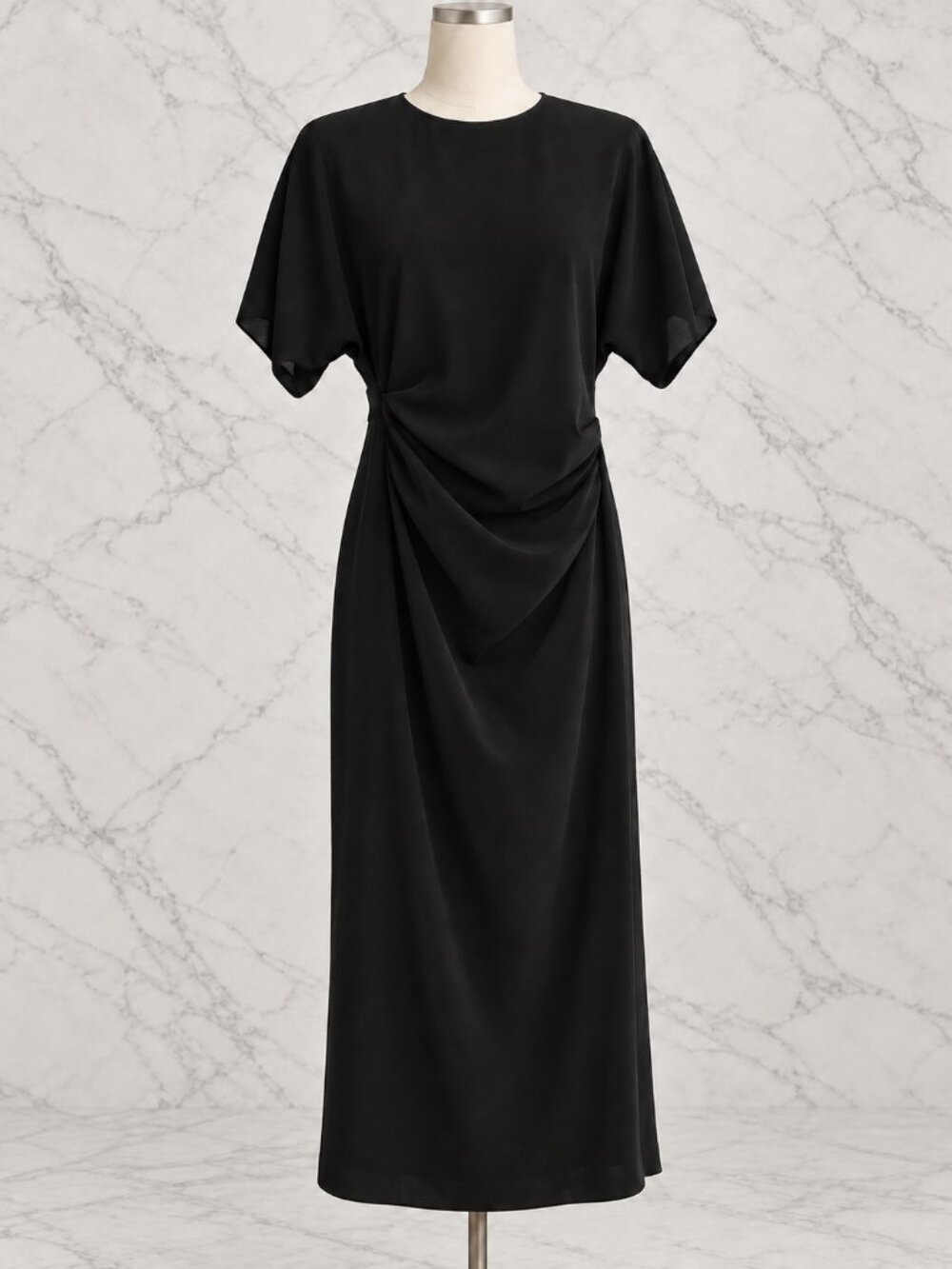 Zara Black Draped Ruched Midi Dress Size S | Minimalist Quiet Luxury